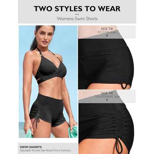 Buauty Women's Swim Shorts High Waisted Bathing Suit Bottoms Adjustable Side Tie Swimsuit Boy Short Pants Swimwear UPF50+