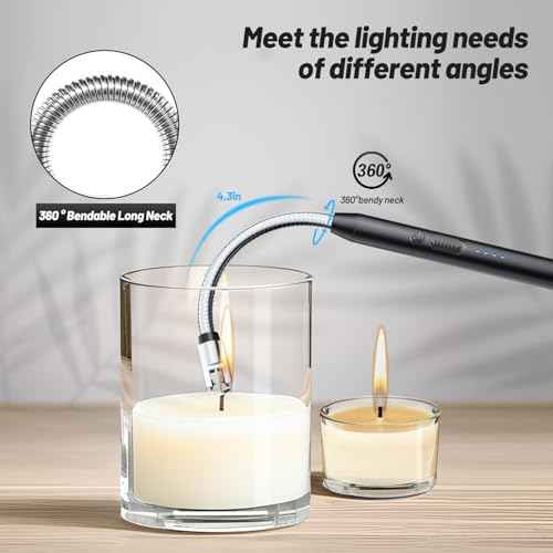 VEHHE Electric Lighter with 360¡Æ Flexible Neck, Flameless Windproof Long Candle Lighter with Led Battery Display, USB C Rechargeable with Hanging Hook for Gifts BBQ Fireworks (Black)