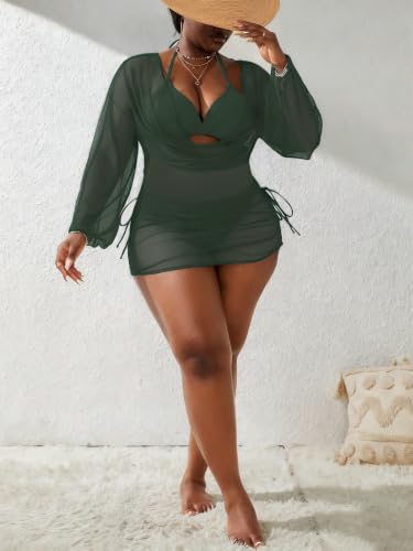Plus Size Women's Halter Bikini Set X-Large Army Green 3 Piece Swimsuit Cover Up