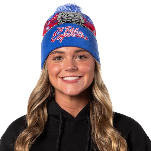 The Polar Express Beanie Men's Locomotive Fair Isle Design Embroidered Logo Fold Cuff Top Pom Beanie Hat