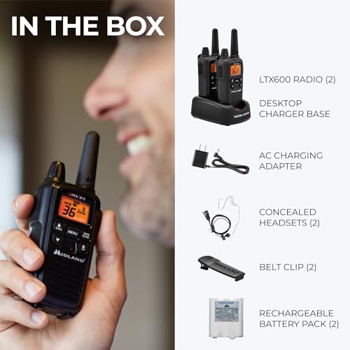 Midland LXT600BB FRS Business Walkie Talkies - Long Range 36-Channel Two-Way Radios with Headsets and Charging Base, NOAA Weather Alerts(2-Pack, Black)
