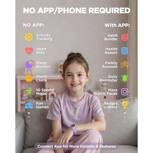 BIGGERFIVE Vigor 3 Kids Fitness Tracker Watch, AMOLED Screen, No App No Phone Needed, 3ATM Waterproof, Heart Rate and Sleep Monitor, Pedometer Watch, Sports Step Counter for Girls Ages 5-15, Lilac