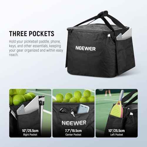 NEEWER Wheeled Ball Hopper Foldable Rolling Caddy Cart with Storage Bag, Three Accessory Side Pockets, Basket Holder for Up to 175 Tennis Balls or 120 Pickleballs, No Assembly Needed, TB02X