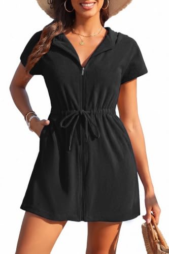 Large Women's Hooded Terry Cloth Swim Cover Up with Zipper & Pocket - Black