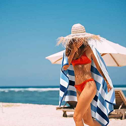 Cotton Oversized Beach Towel - Extra Large 40"X70" Plush Thick Pool Towel, XL Fluffy Blue Beach Towels Stripe Swimming Towel for Adults Mens Women (White Navy Blue)