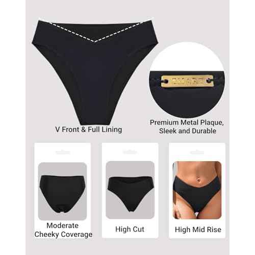 Zmart Women V Cut Cheeky Bikini Bottoms - Mid Waist High Cut Swim Bathing Suit Bottoms V Front Swimsuit