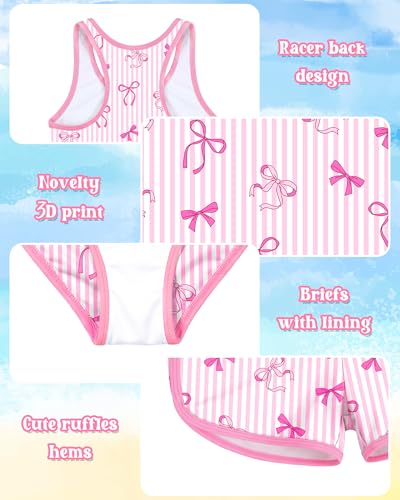 Girls Tankini Swimsuit 3 Piece Bathing Suit Set Pink White Striped Bow Summer UPF 50+ Racerback