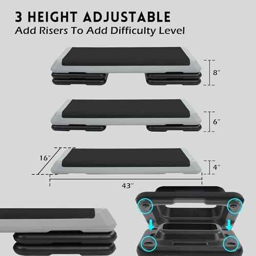 Fitvids Step Aerobic Stepper with 4 Stackable Risers, 43'' Aerobic Platform Adjustable Height 4"-6''-8'', Fitness Training Workout Stepper for Home Gym, Cardio Strength, Black and Gray