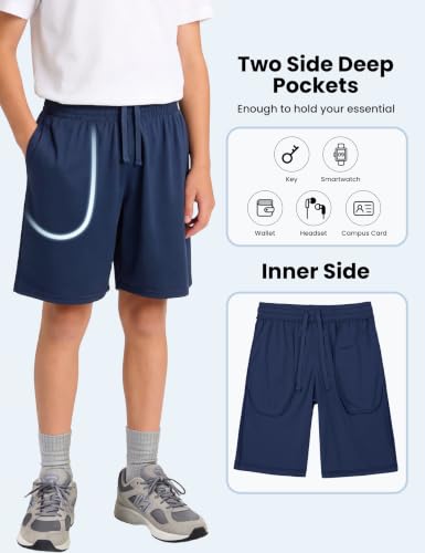 Boys Athletic Shorts 5 Pack - Quick Dry Basketball Shorts with Pockets, Medium / Black, Grey, Navy