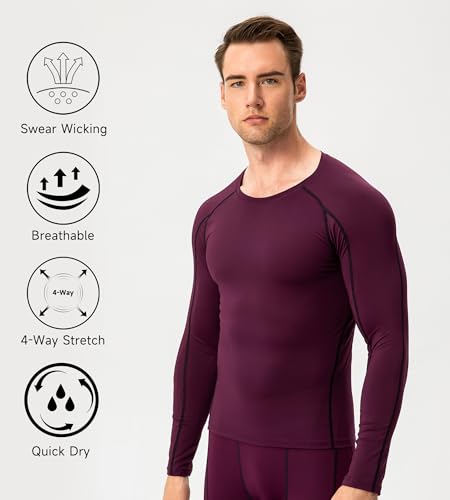 Men's Compression Long Sleeve Athletic Workout T-Shirt - Maroon, Large
