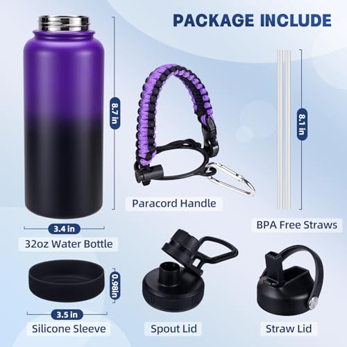 Purple Black Insulated 32 oz Stainless Steel Water Bottle with Leak Proof Lids & Paracord Handle