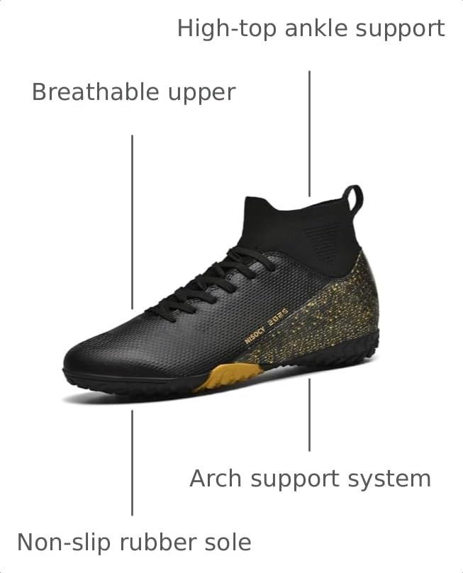 Men's Soccer Shoes High-Top Football Cleats Outdoor Indoor Lightweight Training Black 10