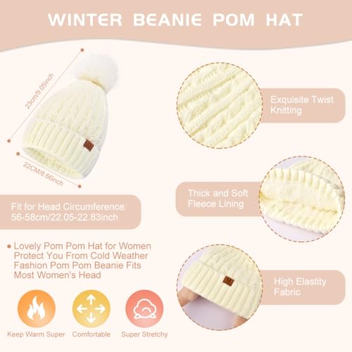 Womens Winter Warm Beanie Hat Long Scarf Touchscreen Gloves Set with Fleece Lined Skull Pom Caps 3 in 1 Set for Gift
