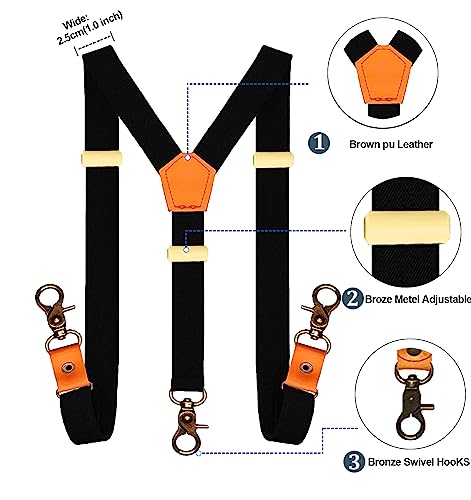 Adjustable Suspenders for Men with Leather & Bronze Metal Clips - One Size, Black