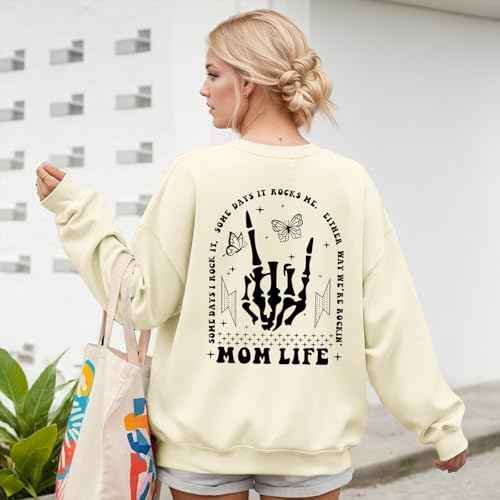Mom Life Sweatshirt Mama Sweatshirts for Women Skeleton Halloween Long Sleeve Shirt Rock Crewneck Graphic Pullover