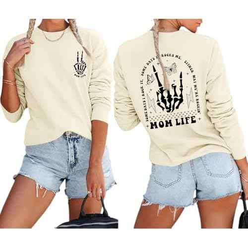 Mom Life Sweatshirt Mama Sweatshirts for Women Skeleton Halloween Long Sleeve Shirt Rock Crewneck Graphic Pullover