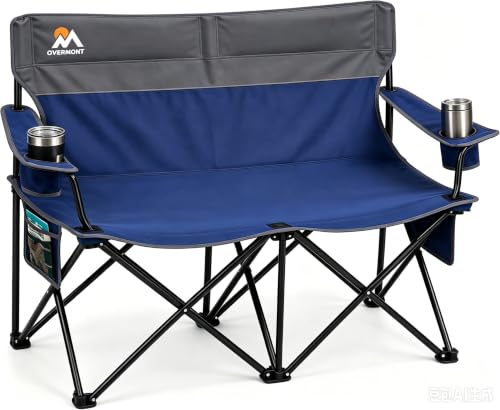 Overmont Double Camping Chair - Blue Loveseat with Cup Holders, Foldable & Heavy Duty