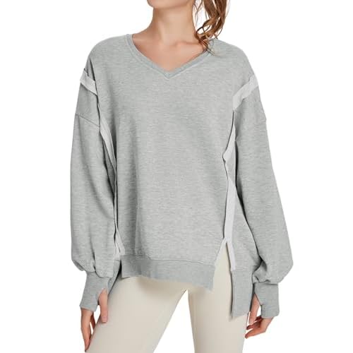 TAKEYAL Women's Oversized Sweatshirts Side Slit Long Sleeve V Neck Sweatshirt Casual Loose Pullover