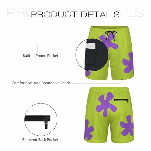 X-Large Green & Purple Leaves Men's Swim Shorts with Compression Liner & Zipper Pockets