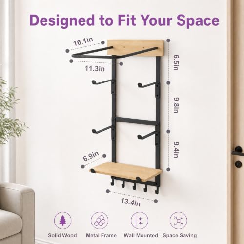 Yoga Mat & Ball Wall Mount Organizer with Adjustable Pine Shelf and Hooks