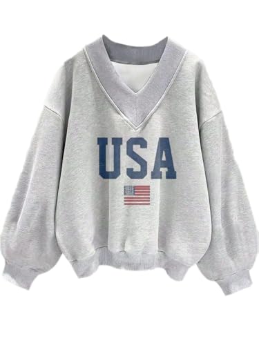 Women’s Grey Large Avanova Graphic V Neck Sweatshirt with Drop Shoulder Long Sleeves