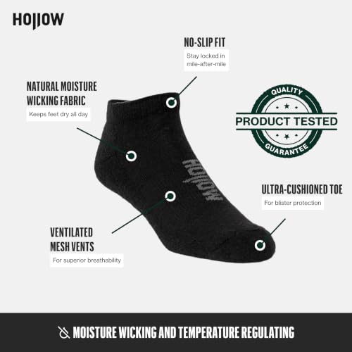 HOLLOW No Show Socks for Men & Women - Moisture Wicking, 2 Pairs, Large, Black