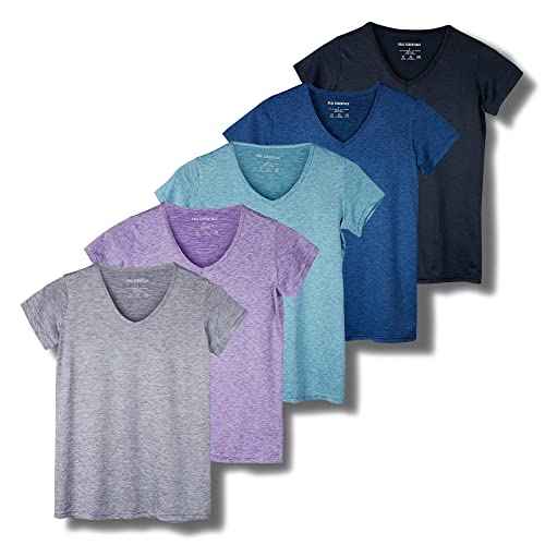 Real Essentials 5 Pack: Women's Dry Fit Short Sleeve V Neck Workout Top - Fitness Gym Athletic Yoga T-Shirt (Plus Available)