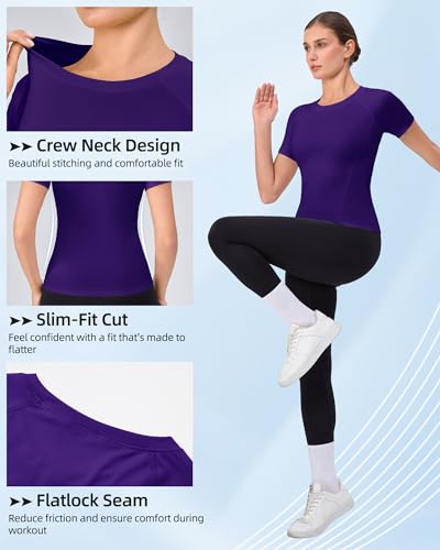 Women's Compression Shirt Short Sleeve Workout Top - Purple, Large - Athletic Baselayer for Running Yoga Gym