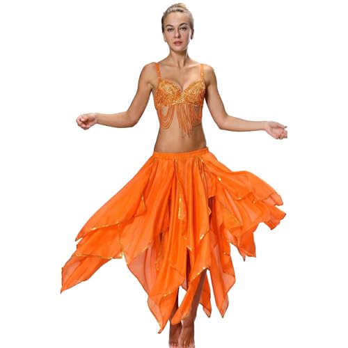 Women's 10 Panel Handkerchief Skirt with Gold Sequins - Orange Variation 10 Panel