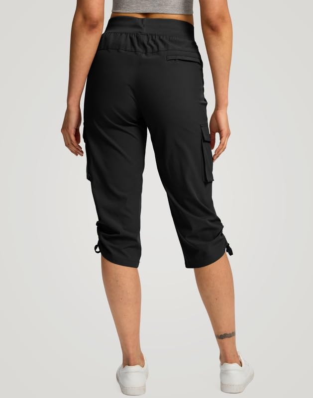 Large Black Women's Cargo Capri Pants with 5 Pockets - Hiking Travel Casual