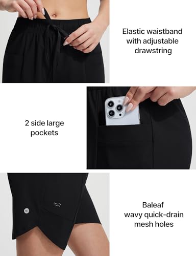 Women’s High Waisted Long Board Shorts - Black, Large, Quick Dry, Pockets