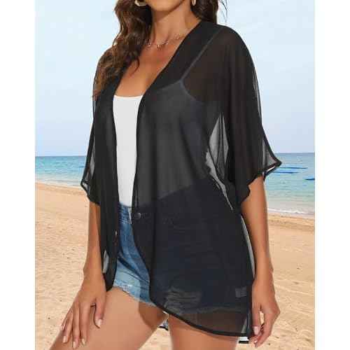 Womens Kimono Cardigans Beach Cover ups Swimwear Puff Sleeve Loose Casual Summer Tops
