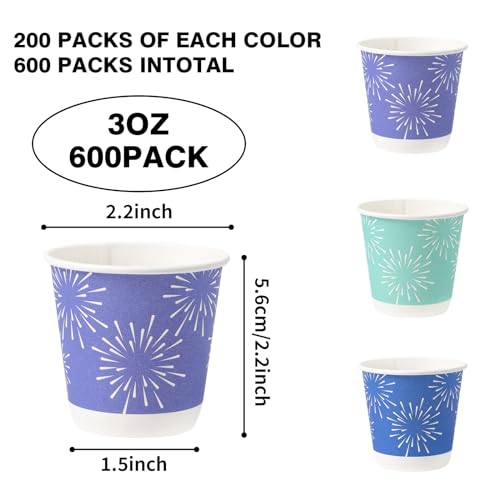 Tamone 600 Pack 3 oz Disposable Bathroom Cups - Green, Blue & Purple Fireworks Design, Small Paper Cups for Party, Travel, Home & Events