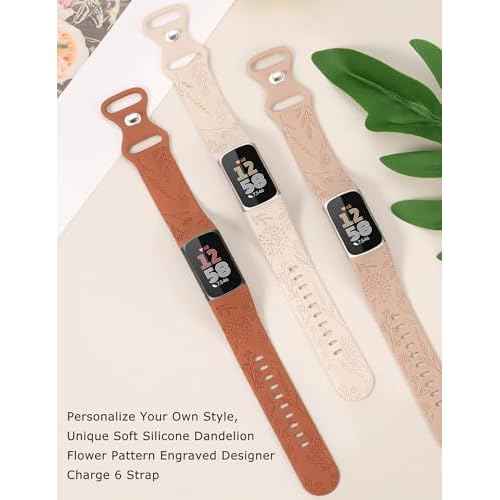 Minyee 3 Packs Floral Engraved Band Compatible with Fitbit Charge 6 Bands/Fitbit Charge 5 Bands Women, Cute Soft Silicone Dandelion Flower Pattern Sport Designer Fancy Summer Strap for Charge 6/5