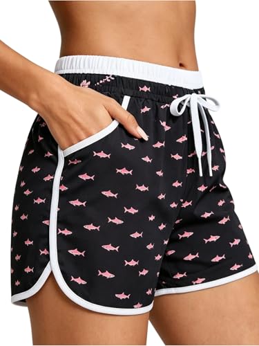 Pink Shark Large Women Board Shorts with Liner Swim Trunks - Bathing Suit Bottoms
