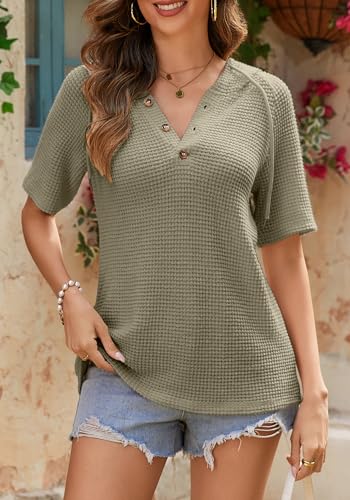 Dimur Oversized Waffle Knit V-Neck Hoodie for Women Summer Casual Top