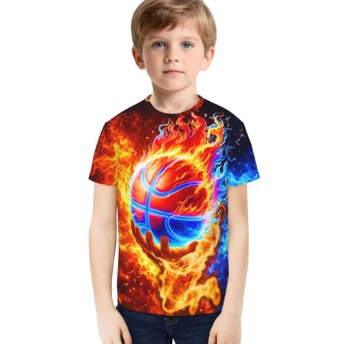 Kids Tie Dye T Shirt Boys & Girls 6-16 Years Short Sleeve Casual Graphic Tee - Fire Basketball (6-8 Years)