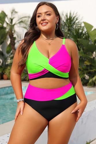 Plus Size High Waisted Bikini Set - Color Block Two-Piece Swimsuit, Green Pink Black 16