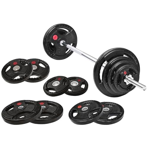 Fitvids Barbell Weight Set, Cast Iron 1" Standard Weight Plates Including 5FT Standard Barbell Bar & Star Locks, 95 Pounds Set (85 Lbs Plates + 10 Lbs Barbell Bar), Multiple Packages