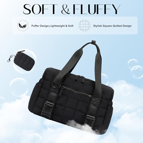 Small Gym Bag for Women with Yoga Mat Holder - Black, Puffy Sports Duffle