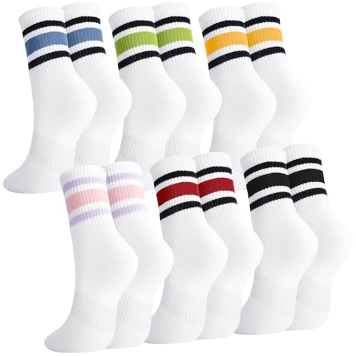 7-11 White Retro Stripe Tube Socks - Vintage Cotton Crew Socks for Women - 6 Pairs