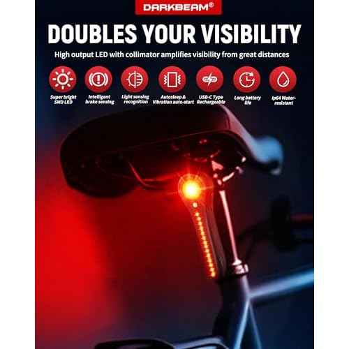 DARKBEAM Bike Tail Light Smart - with Brake/Light Sensor, USB-C Rechargeable, IP64 Waterproof, 5 Light Modes Bicycle Taillight for Night Riding, Super Bright Rear Bike Light for Road Mountain, Cycling
