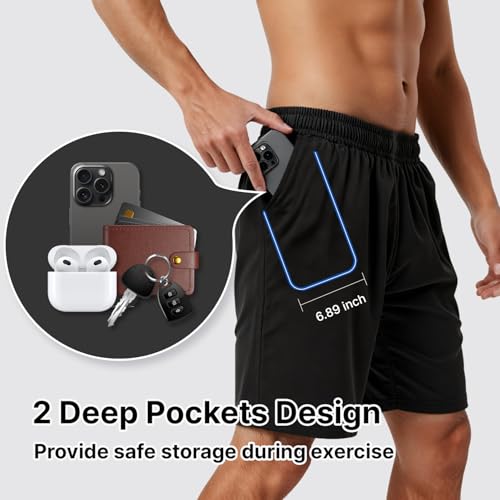 Men's Athletic Shorts 5 Pack - Large, Black & Blue, Gray, Quick Dry Workout & Running Shorts for Men