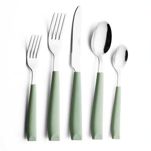 Large 20-Piece Silverware Set with Colorful Handles - Sage Green Stainless Steel Kitchen Flatware