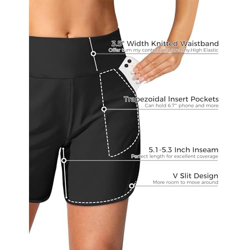 Buauty Women's 5" Swim Board Shorts Quick Dry High Waisted Swimsuits with Liner Pockets UPF 50+ Bathing Suits Bottoms Trunks