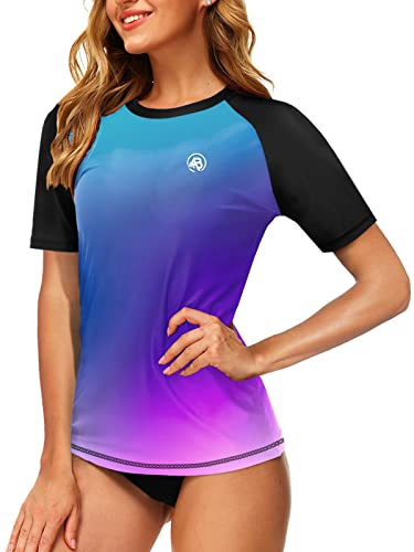 Women Short Sleeve Rash Guard Sun Protection Swim Shirt - Gradient Purple Blue, Medium