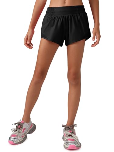 Girls Athletic Shorts with Liner - Large Black Quick-Dry Workout Sports Running Shorts with Zip Pocket