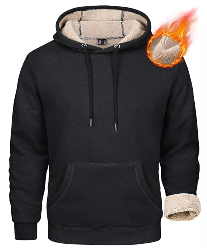 Men's Heavy Sherpa Fleece Hoodie Pullover - Thick Winter Hooded Sweatshirt, X-Large, Black