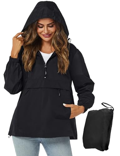 Women's Waterproof Windbreaker Rain Jacket with Hood - Black, Large