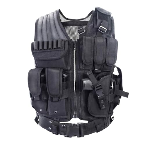 Ultralight Breathable Tactical Vest with Detachable Belt & Holster - Black 10-50